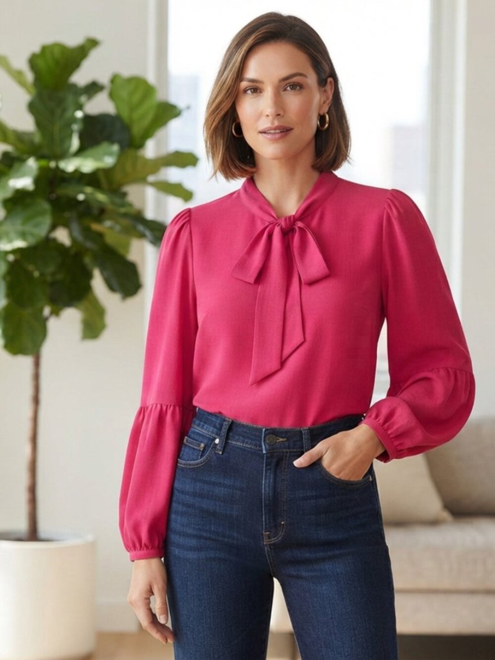 CeCe Fuchsia Tie Neck Puff Sleeve Blouse Size M
